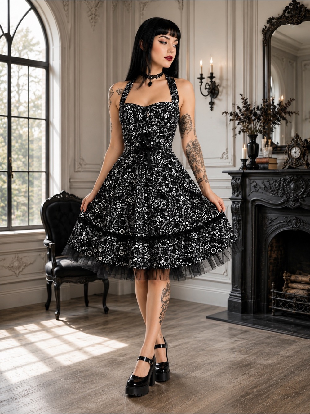 Hot Topic Book of Life Sugar Skull Corset Dress Halter Tulle Goth Swing Dress